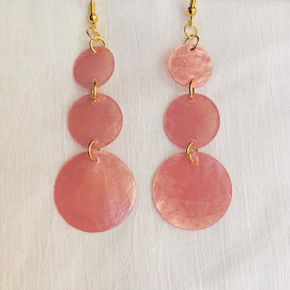 NEW Capiz Shell Earrings T-Bags Pink Dangle Gold 18K Boho